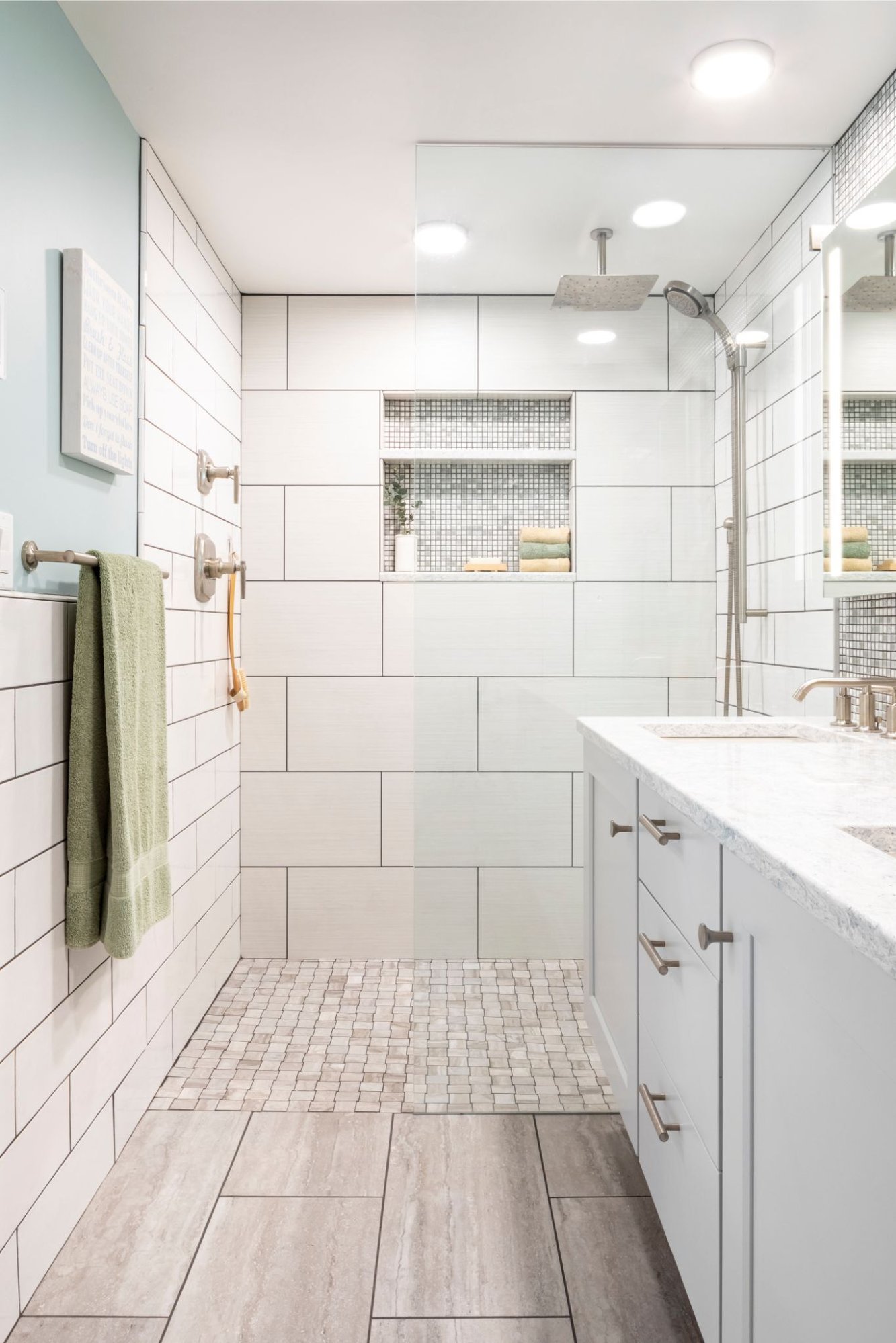 bright aging in place bathroom remodel with walk in shower