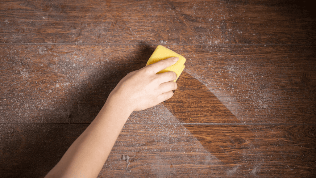 Dusting a table with a sponge